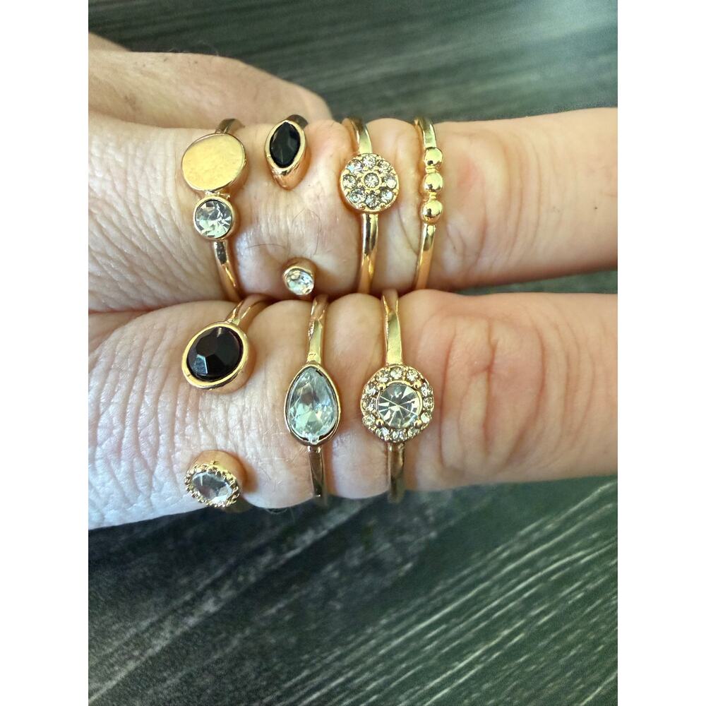 NIB Caitlyn Minimalist Gold, Black & Rhinestone Stacking Rings Sz. 10 - Picture 3 of 4